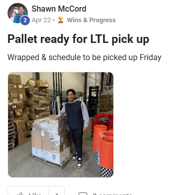 Student Shawn with a wrapped pallet ready for LTL pickup